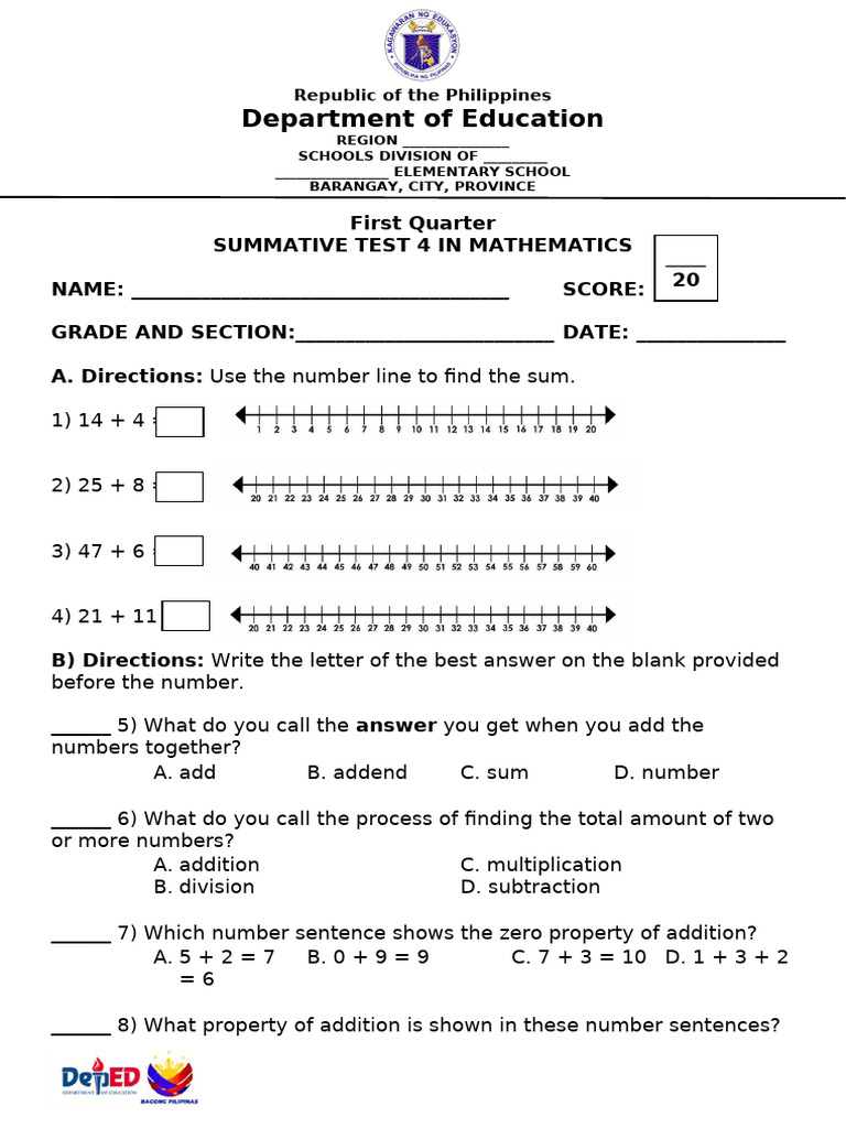 Grade 2 Math Summative Test 4 | PDF | Summation | Mathematical Notation