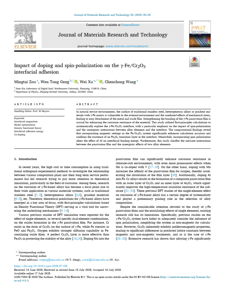 Impact of doping and spin-polarization on the γ-Fe/Cr2O3 interfacial ...