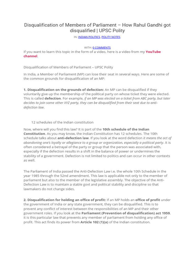 Disqualification of Members of Parliament - How Rahul Gandhi Got ...