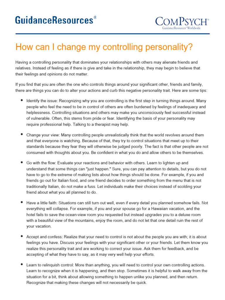 Tips to Overcome a Controlling Personality | PDF | Social Psychology ...