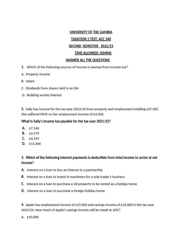 Income Tax Test Questions 2025 | PDF | Taxes | Business