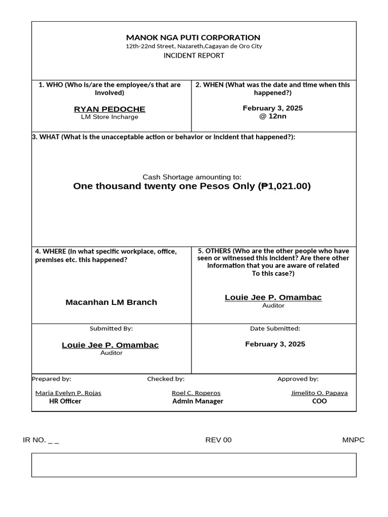 Cash Shortage Incident Report | PDF
