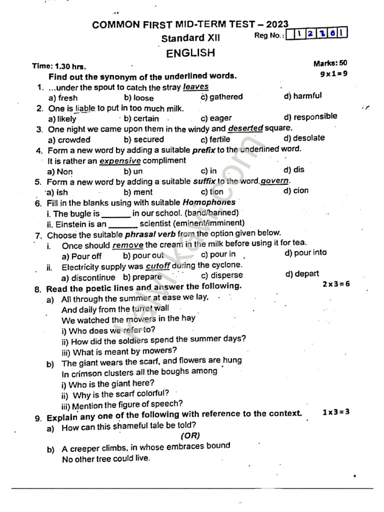 12Th English SIVAGANGAI 1St Mit Term Question Paper 2023 | PDF