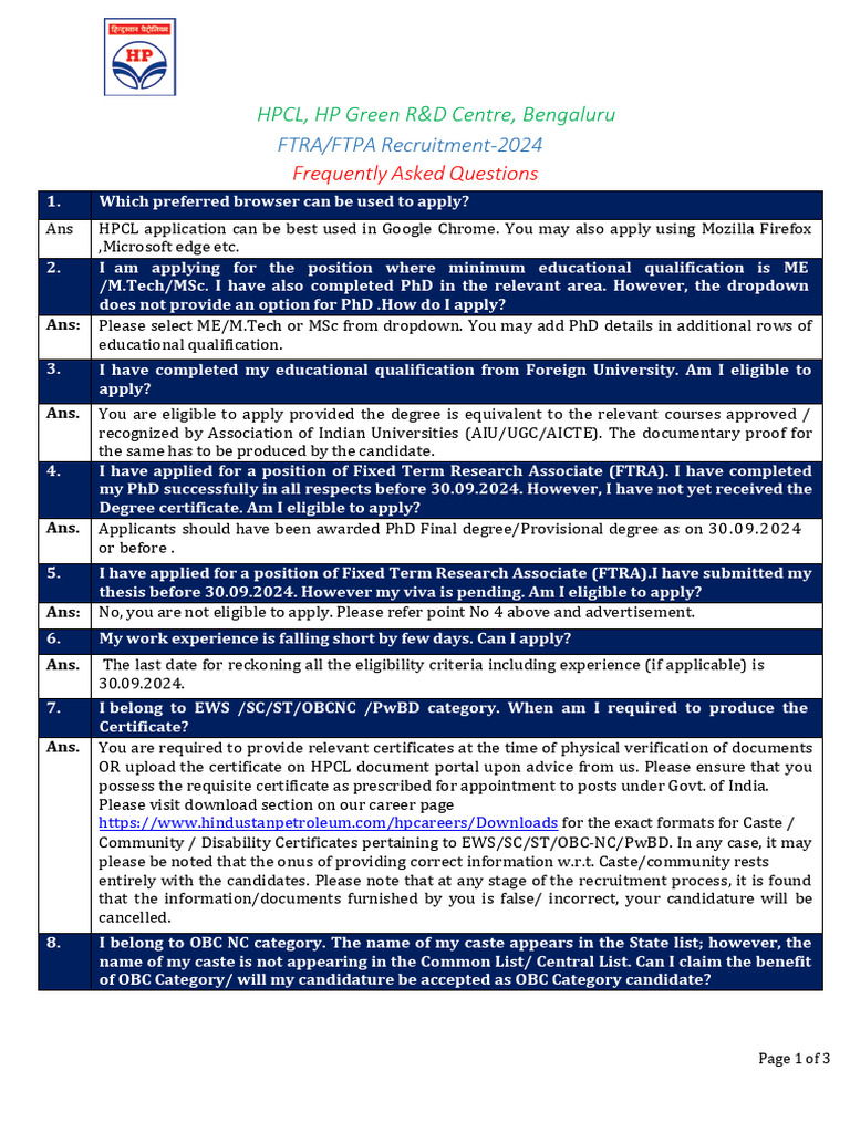 HPCL FTRA/FTPA Recruitment FAQs 2024 | PDF | Doctor Of Philosophy