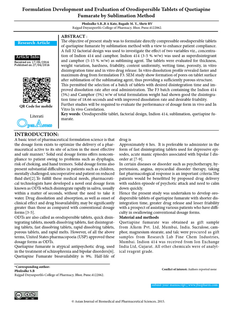 Orodispersible Tablets of Quetiapine Fumarate | PDF | Tablet (Pharmacy ...