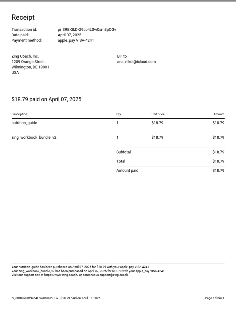 Zing Coach Purchase Receipt - April 2025 | PDF
