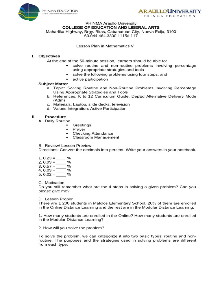Lesson Plan: Percentage Problems in Math | PDF | Percentage | Learning