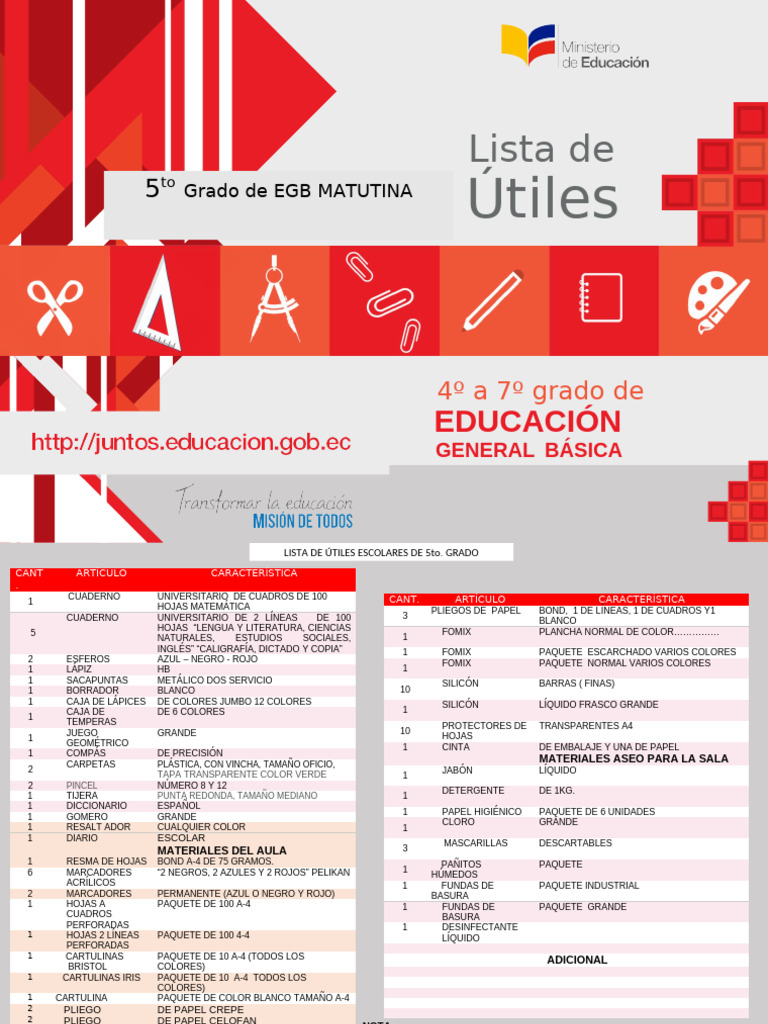 Lista de Útiles para 5to Grado EGB | PDF | Implementos de escritura ...