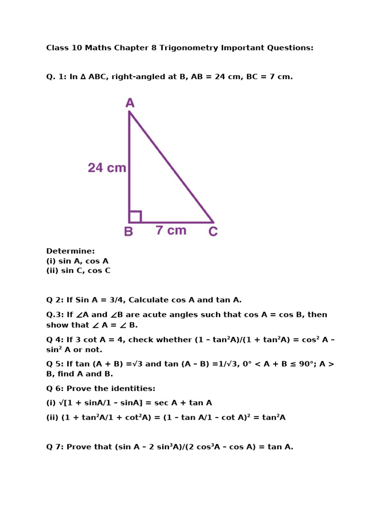 Class 10 Trigonometry Key Questions | PDF