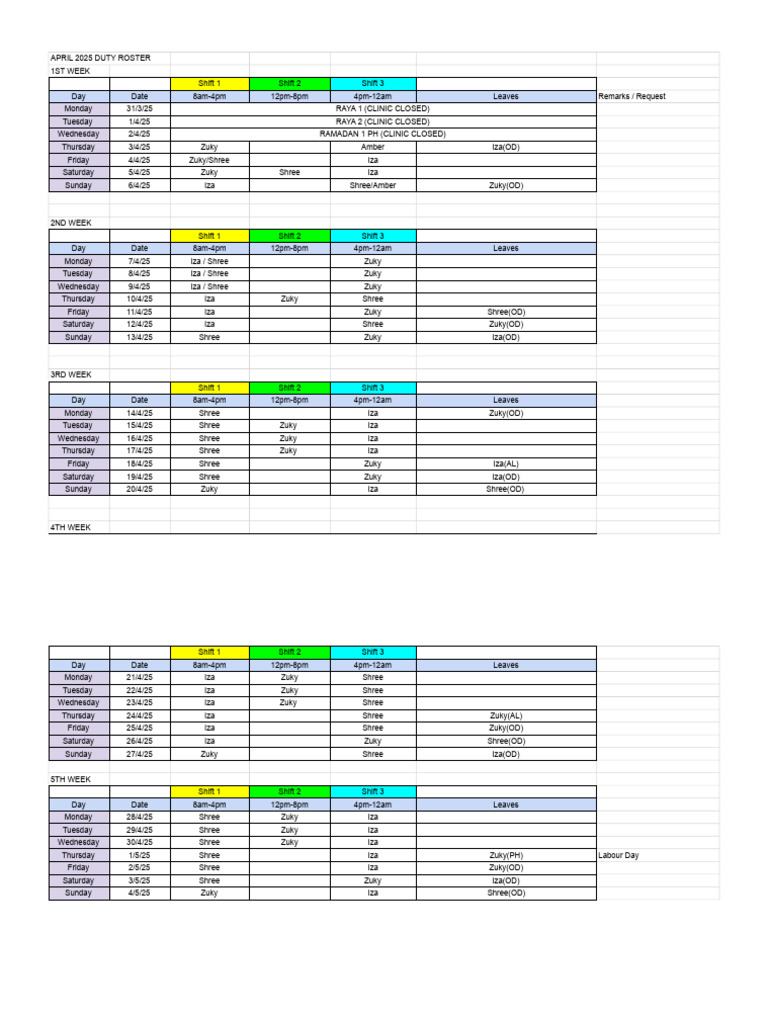 April 2025 Duty Roster Schedule | PDF