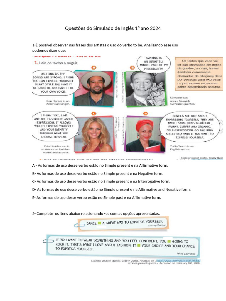 Simulado de Inglês 1° Ano 2024 | PDF