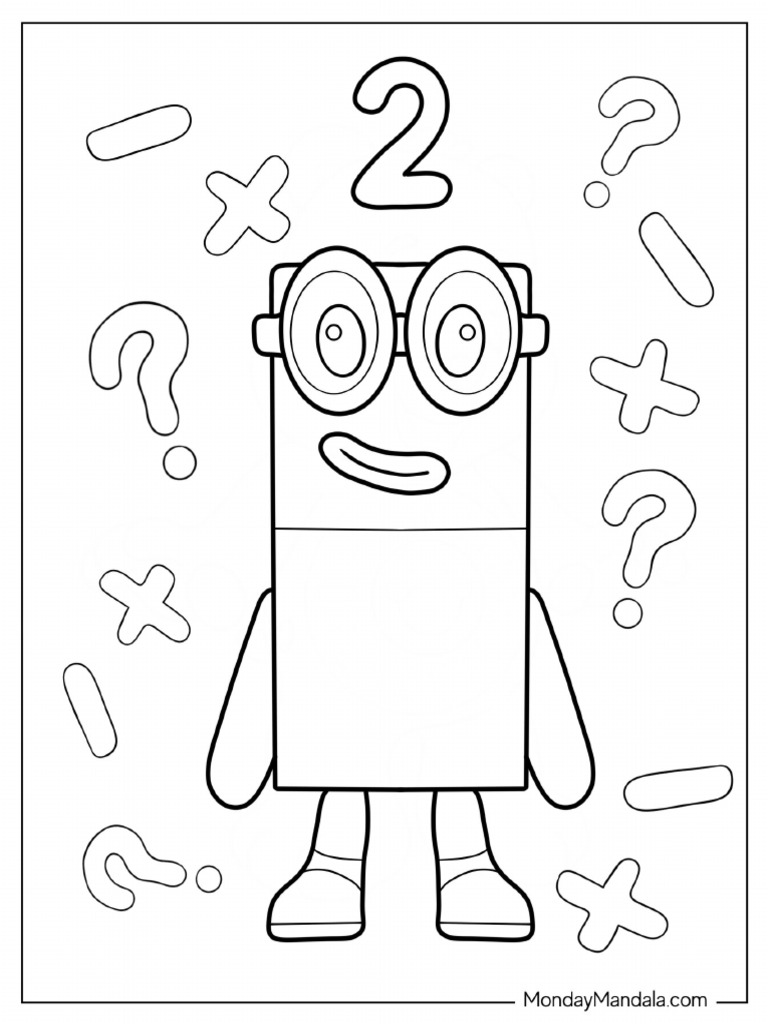Cute Numberblocks 2 Wearing Eyeglasses Coloring Page | PDF