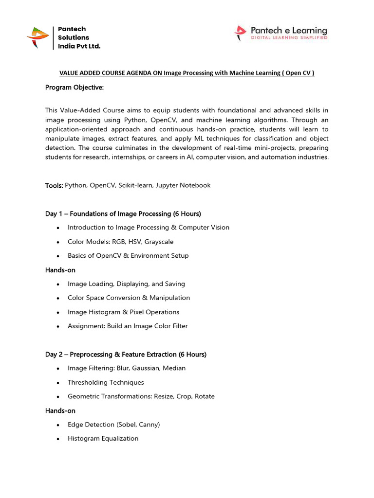Value Added Course Agenda On Image Processing With ML - Open CV | PDF ...