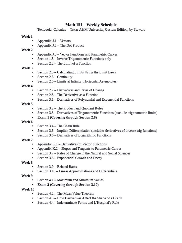 151 Weekly Schedule | PDF