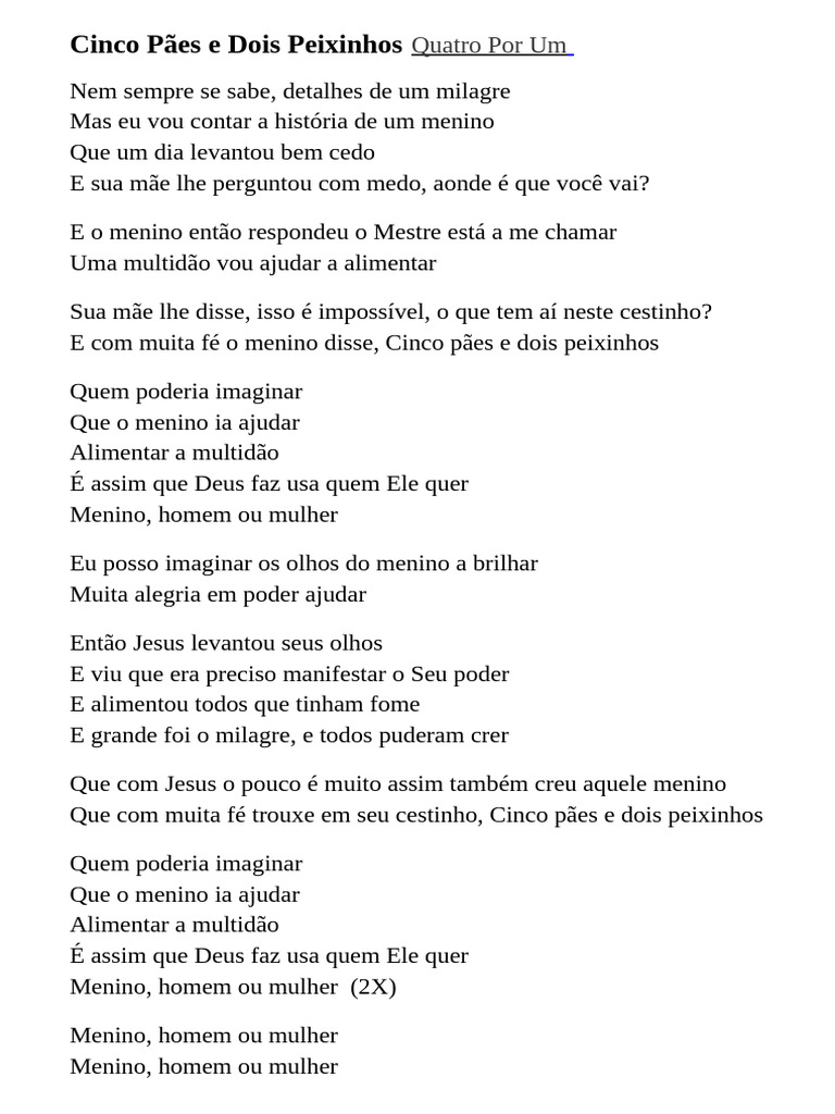 Letra: Cinco Pães e Dois Peixinhos | PDF