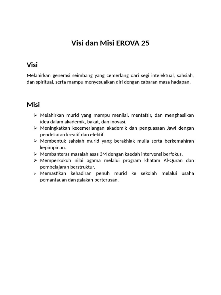 Visi dan Misi EROVA 25 untuk Generasi Cemerlang | PDF