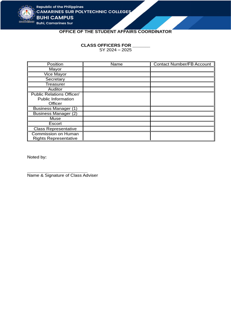 Class Officers Template SY 2024-2025 | PDF