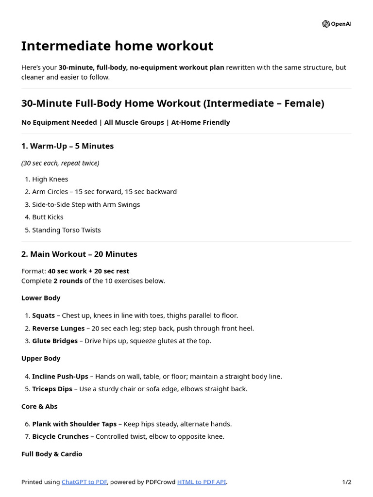 Intermediate No-Equipment Workout Guide | PDF