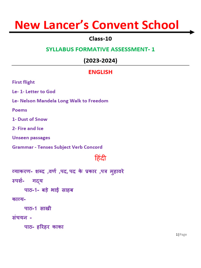 Class 10 FA1 Syllabus 2023-24 | PDF