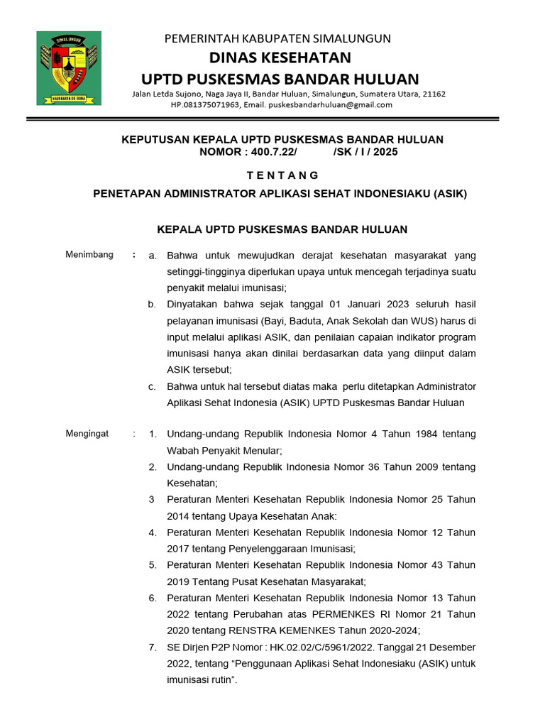 Penetapan Administrator Aplikasi ASIK | PDF