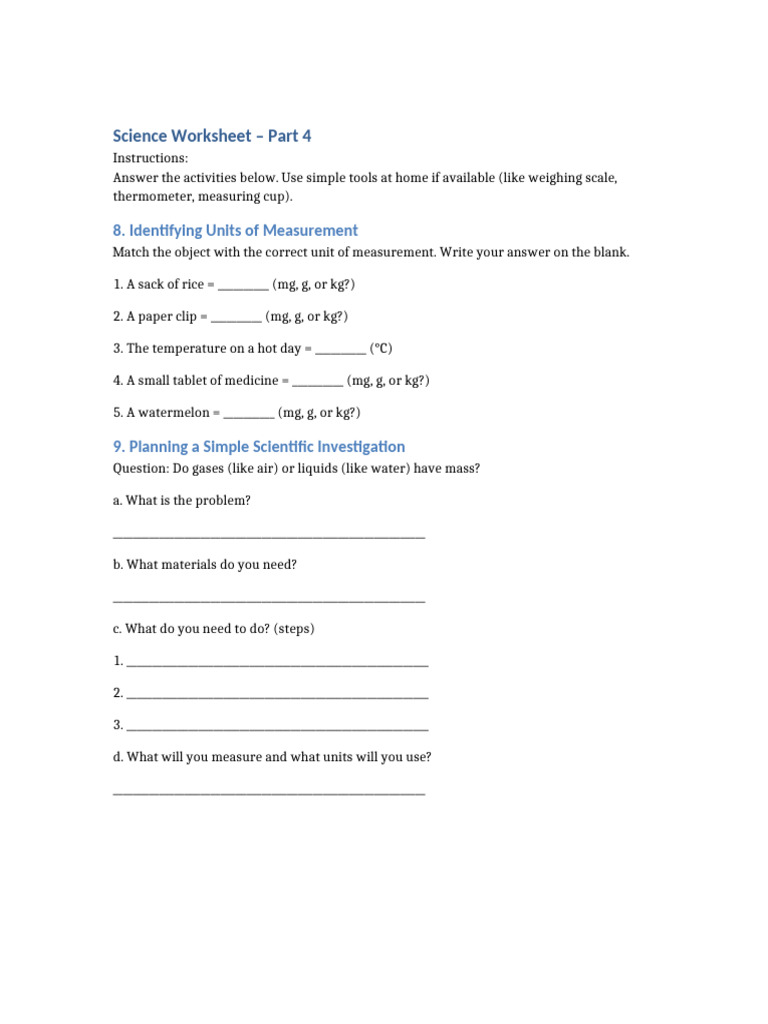 Science Measurement and Investigation Worksheet | PDF