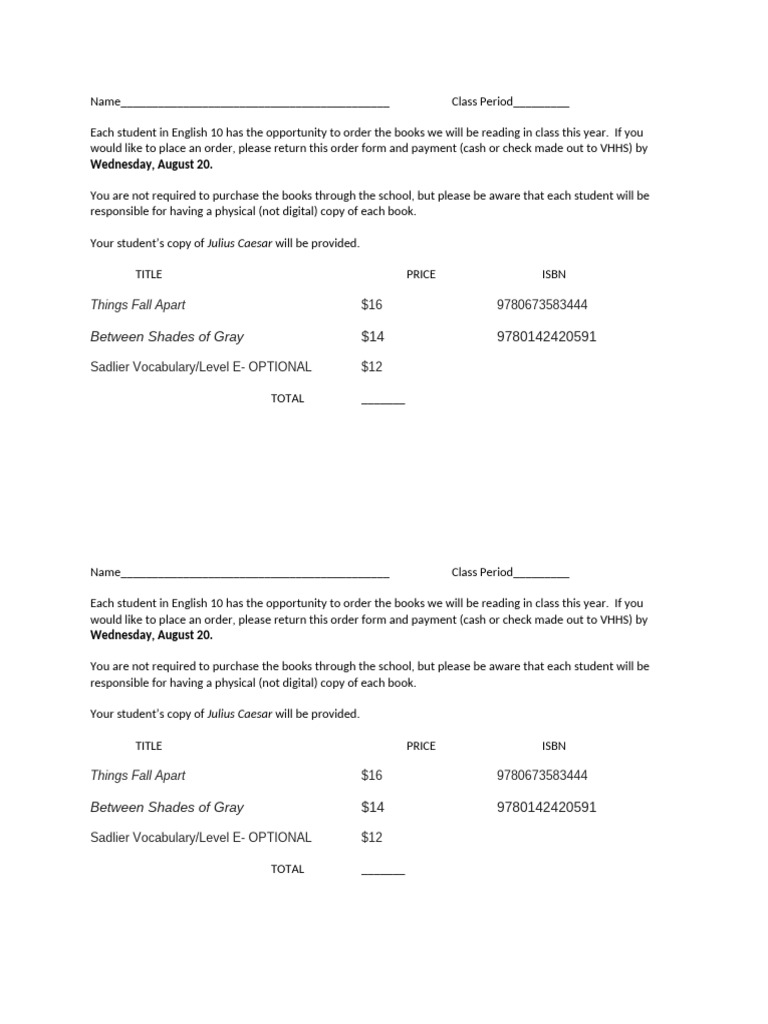 English 10 Book Order Form | PDF