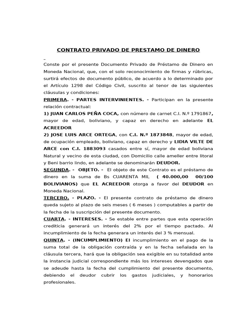 CONTRATO PRIVADO DE PRESTAMO DE DINERO Jose | PDF | Pagos