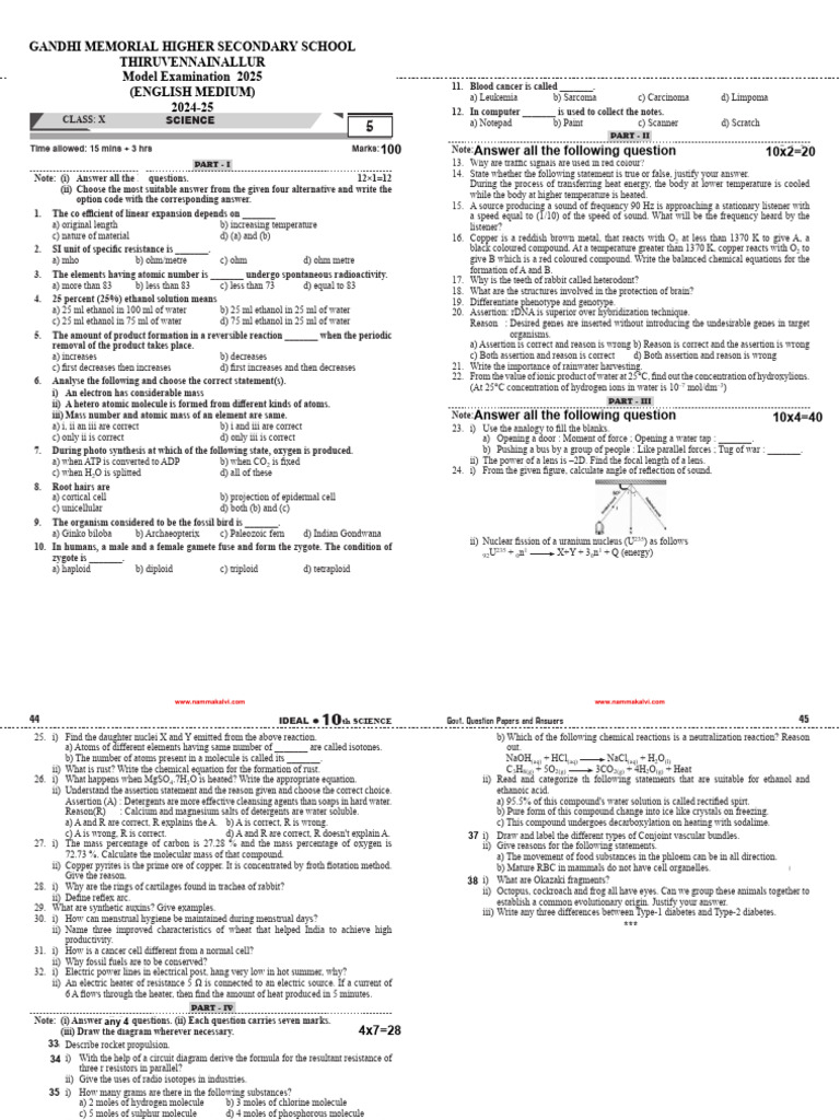 10th Science Model Question Paper | PDF | Water | Molecules