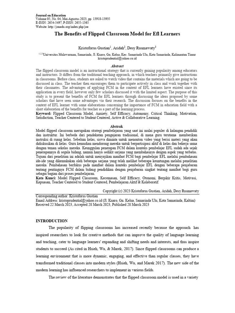 Benefits of Flipped Classroom for EFL Learners | PDF | Self Efficacy ...