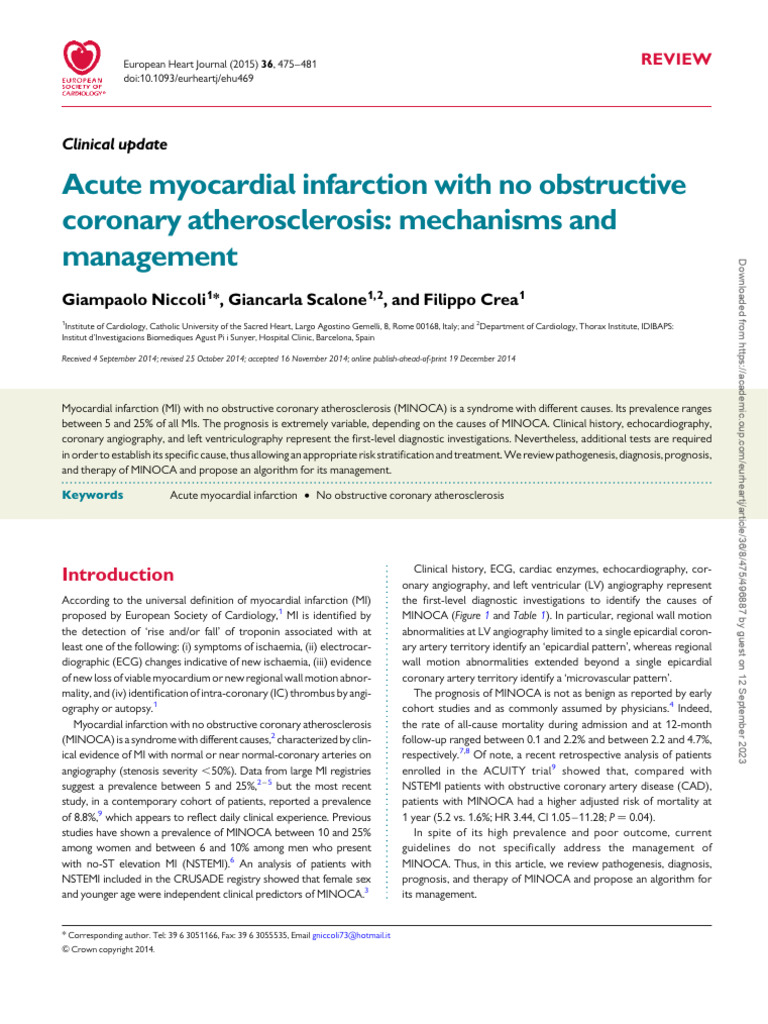 MINOCA: Diagnosis and Management Guide | PDF | Myocardial Infarction ...