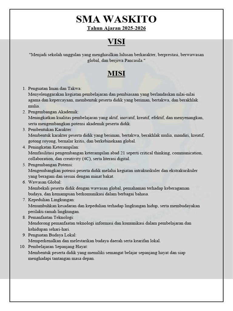 Tata Tertib dan Visi Misi SMA Waskito | PDF