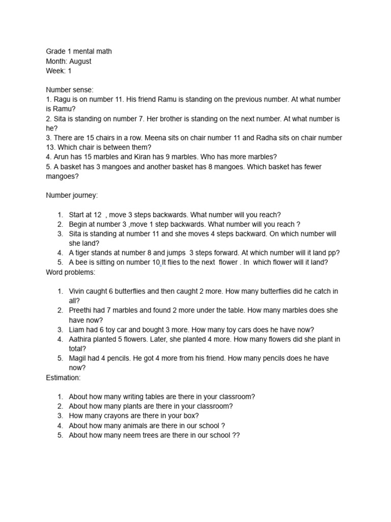 Grade 1 Mental Math Activities | PDF
