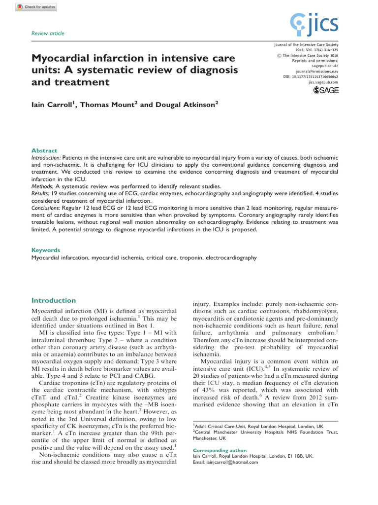 Myocardial Infarction in Intensive Care Units: A Systematic Review of ...