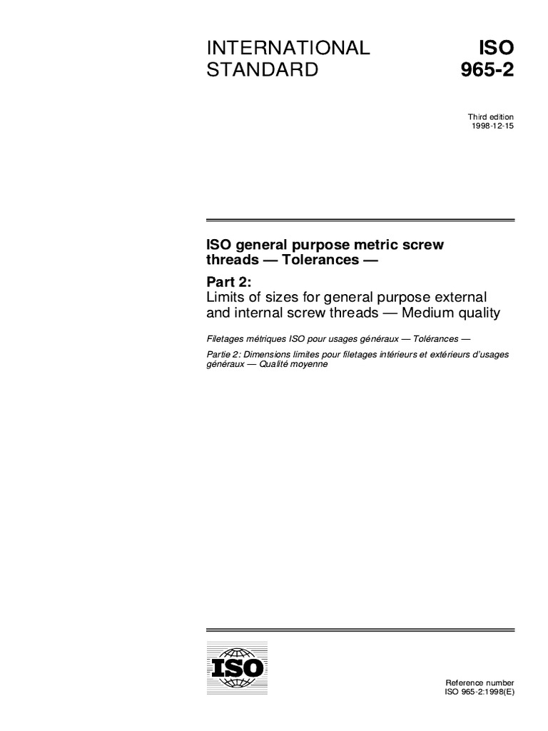 ISO 965-2:1998 Screw Threads Tolerances | PDF | International ...