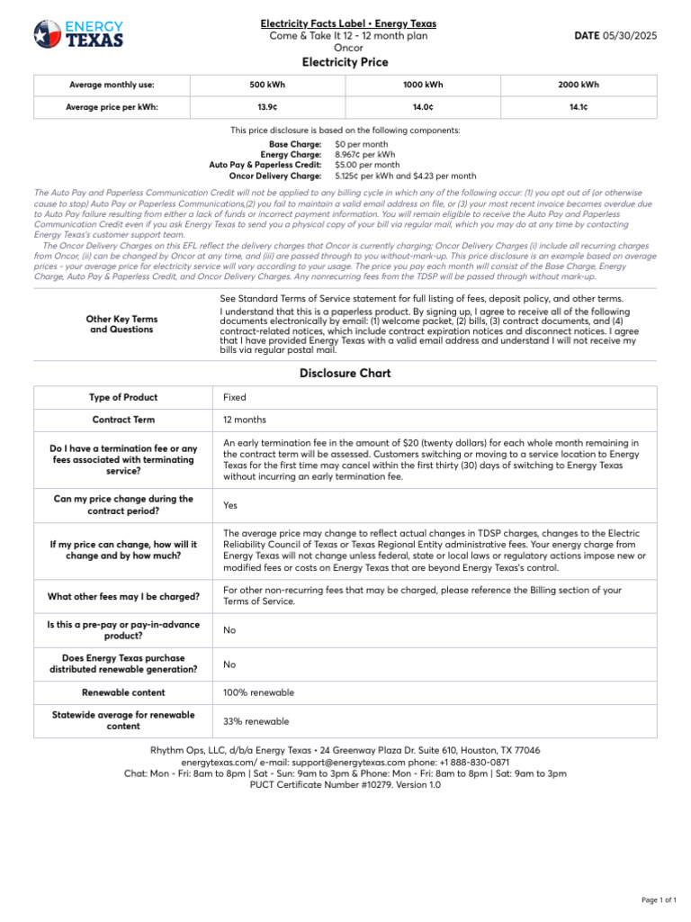 Energy Texas EFL 1506799 | PDF | Fee