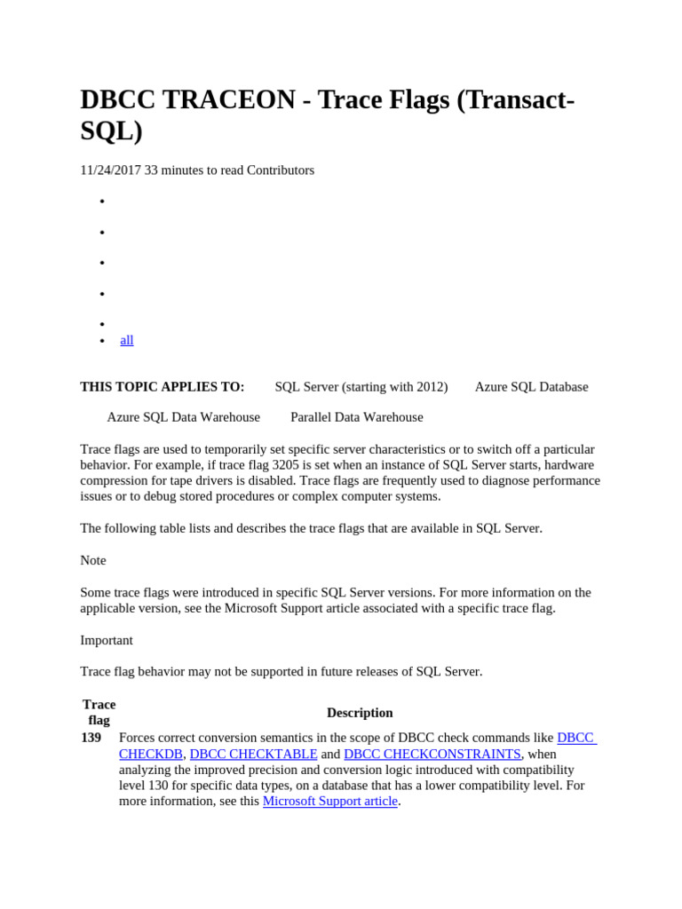 SQL Server Trace Flags Overview | PDF | Microsoft Sql Server | Databases