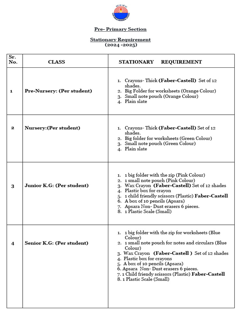 Pre-Primary Stationery List 2024-2025 | PDF