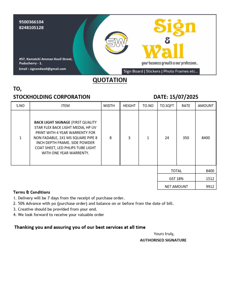 Quotation for Back Light Signage | PDF