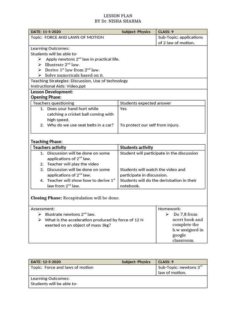 Lesson Plan Date 11-5-2020 To 13-5-2020 | PDF | Newton's Laws Of Motion ...