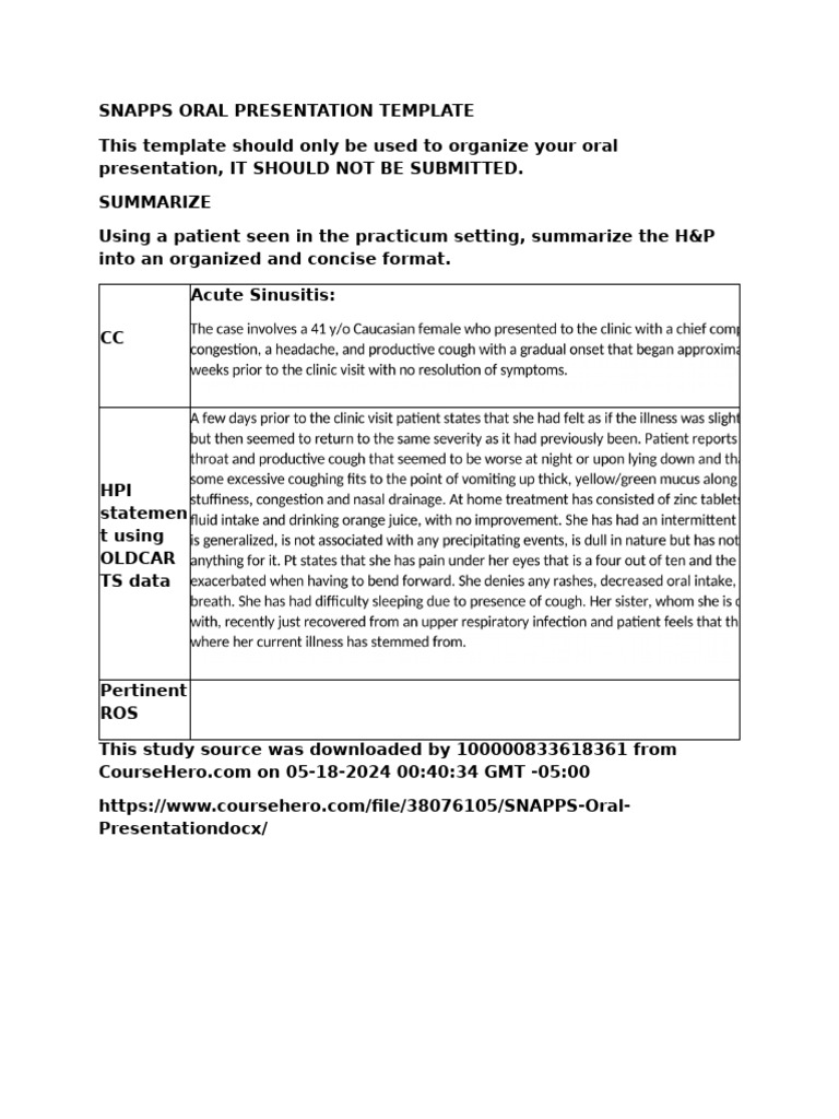 Sinusitis, Snapps Oral Presentation Template | PDF