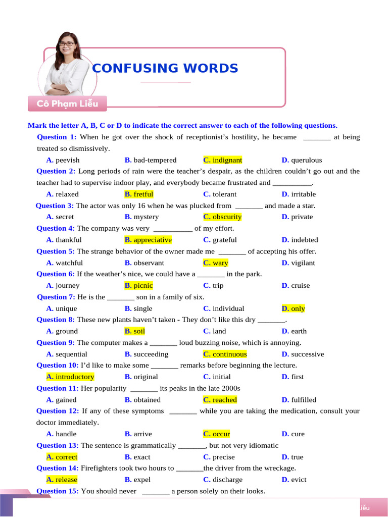 Vocabulary Quiz with Multiple Choice Answers | PDF