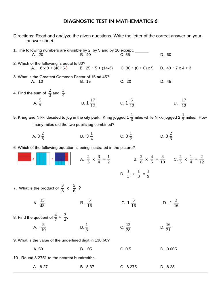 Diagnostic Test - Mathematics 6 | PDF | Ratio | Area