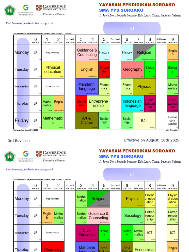2025/2026 Academic Year Timetable | PDF | Science
