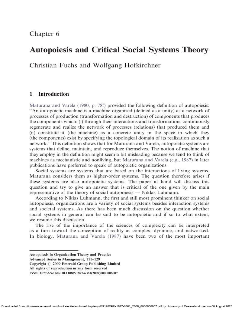 Autopoiesis in Social Systems Theory | PDF