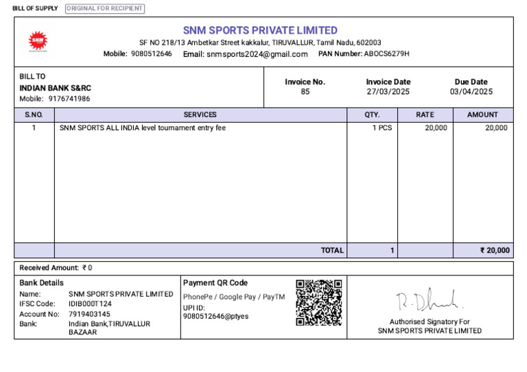SNM Sports Invoice for Tournament Fee | PDF