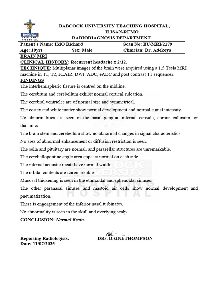 Normal Brain MRI Report for Child | PDF