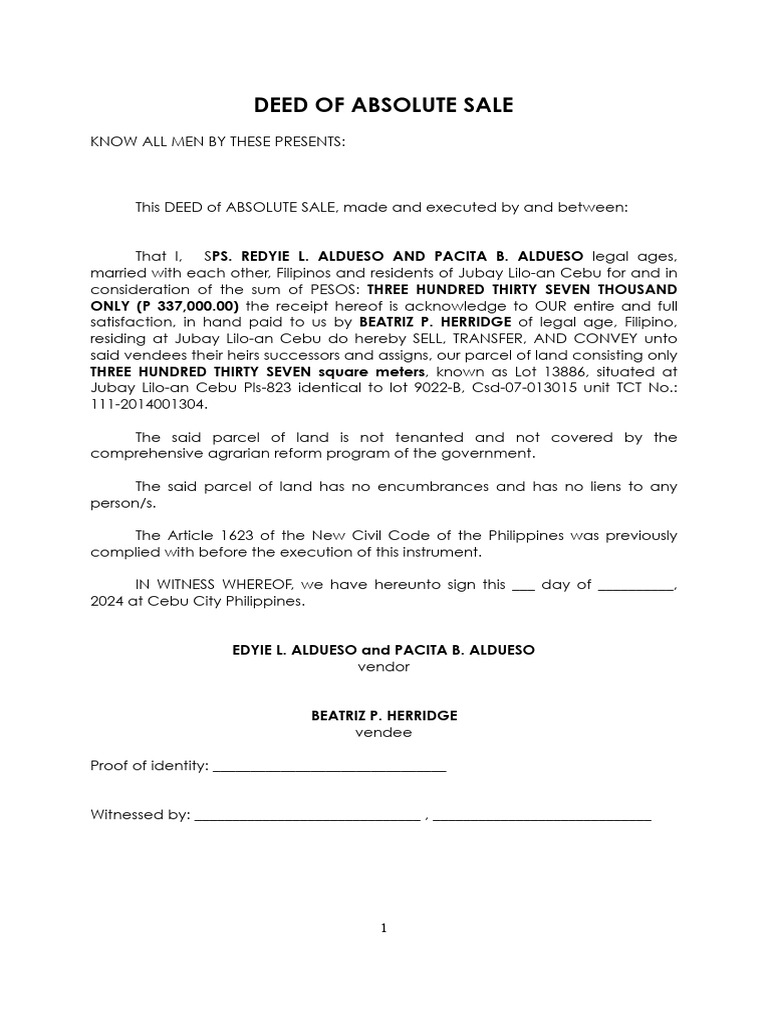 Deed of Absolute Sale - Cebu Property | PDF