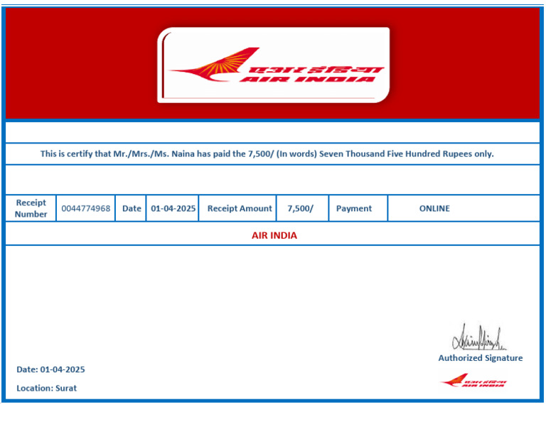 Air India Payment Receipt 7500 Rupees | PDF