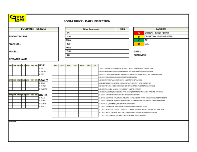 Daily Inspection Checklist for Boom Truck | PDF | Truck | Vehicles