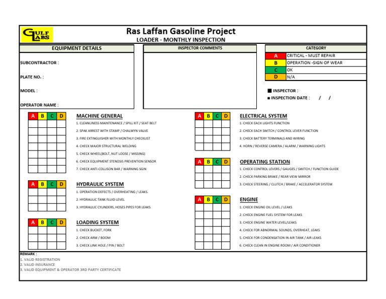 Loader Monthly Inspection Checklists | PDF | Loader (Equipment) | Land ...